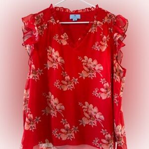 CeCe Red Floral Ruffle Blouse XL
